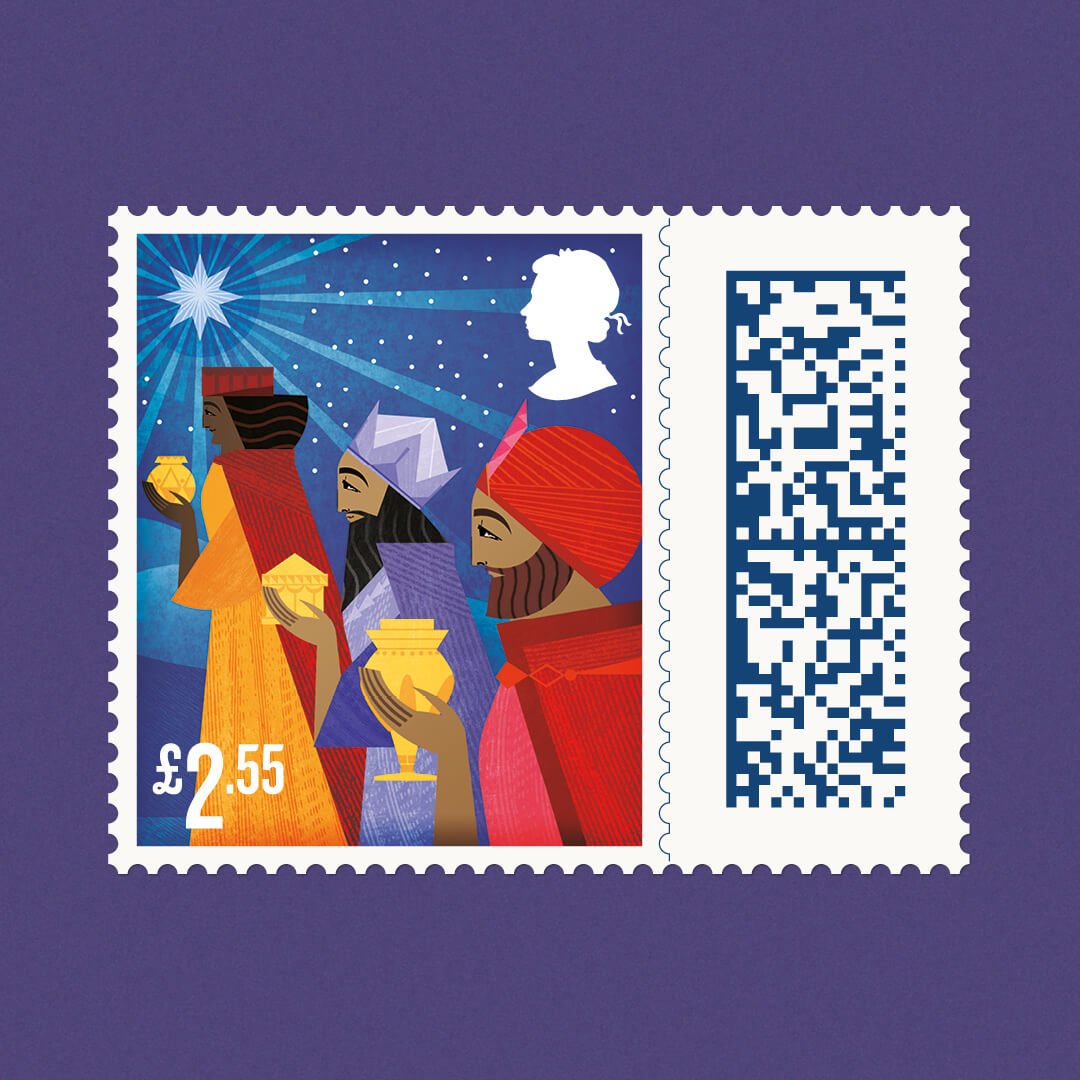 a stamp featuring a brightly coloured illustrated nativity scene on a purple background
