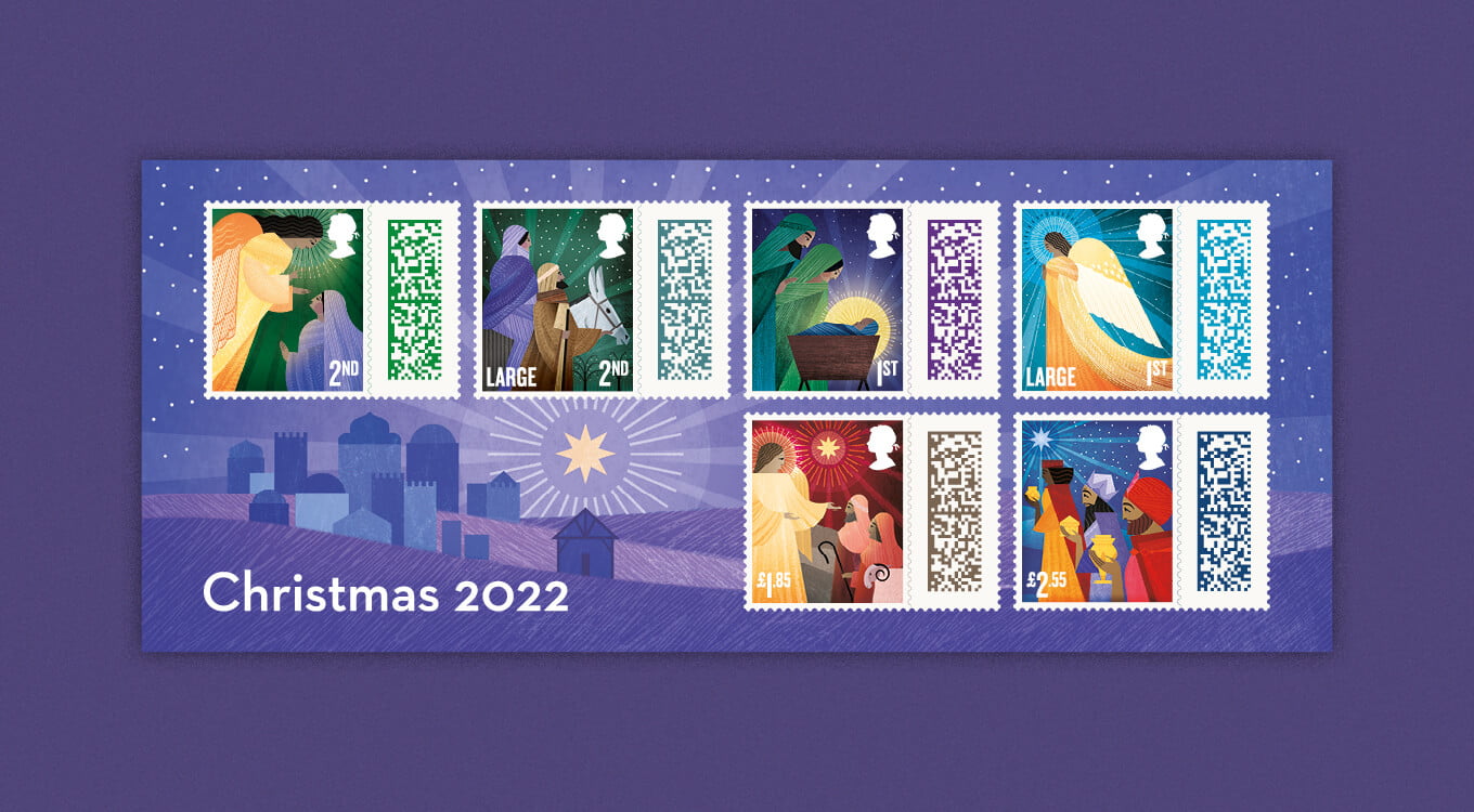 six stamps featuring brightly coloured nativity illustrations on a blue background