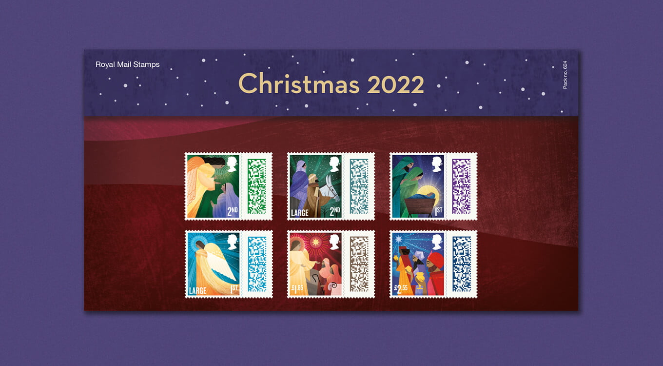 six stamps featuring brightly coloured nativity illustrations on a purple background