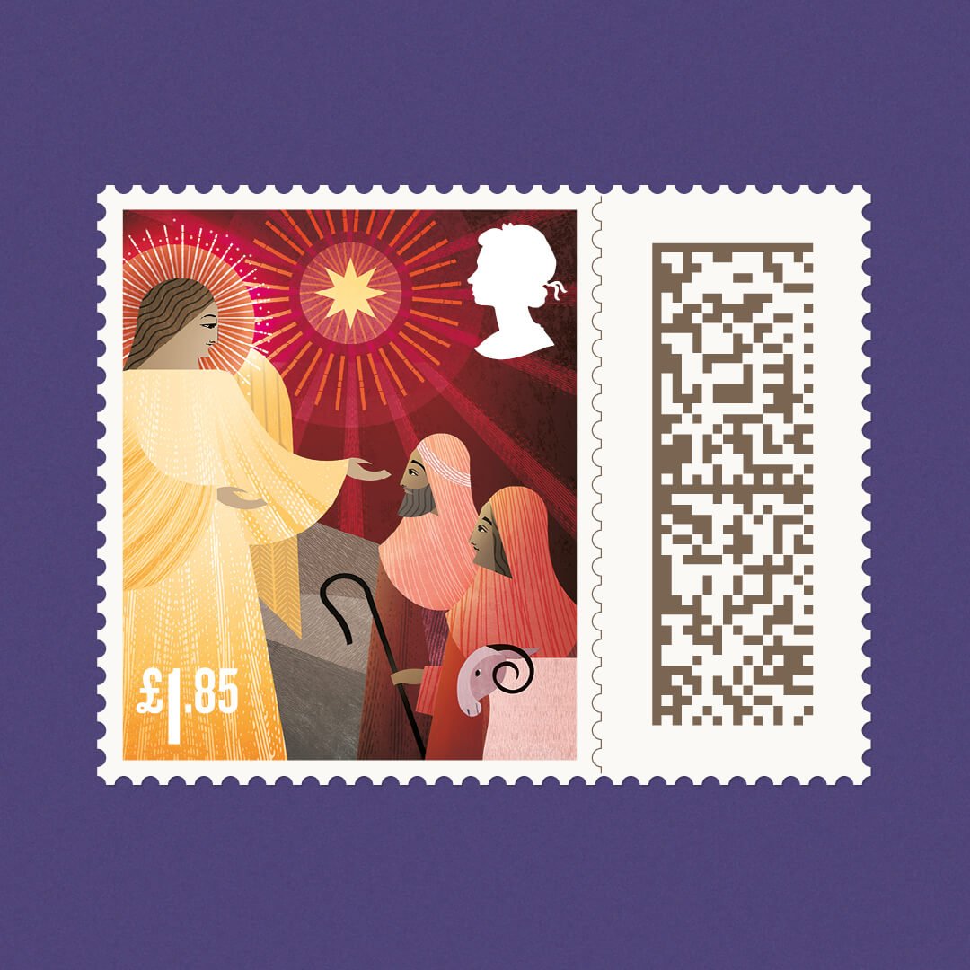 a stamp featuring a brightly coloured illustrated nativity scene on a purple background