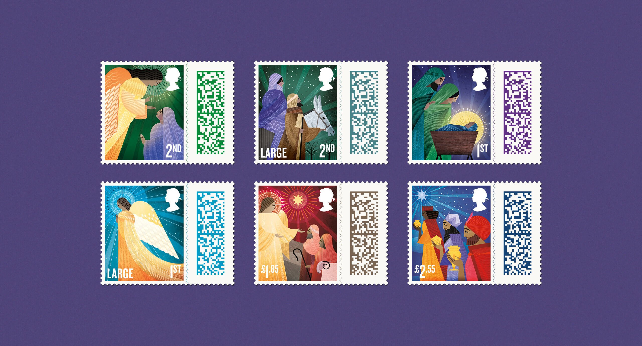 six brightly coloured stamps featuring illustrated nativity scenes on a purple background