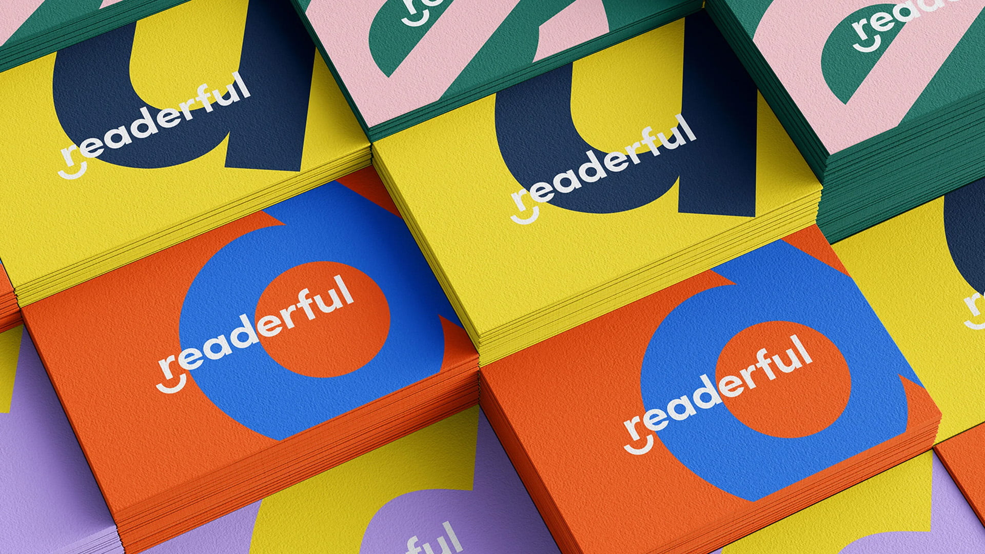 Readerful branding applied to a collection of colourful cards